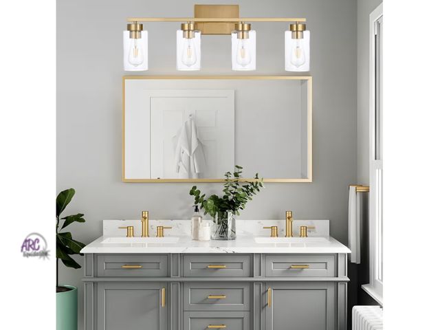 Lot 56-328551 - New in box 4 Light Bathroom Vanity Light Fixtures, Brushed Brass Modern Wall Lights with Clear Glass...