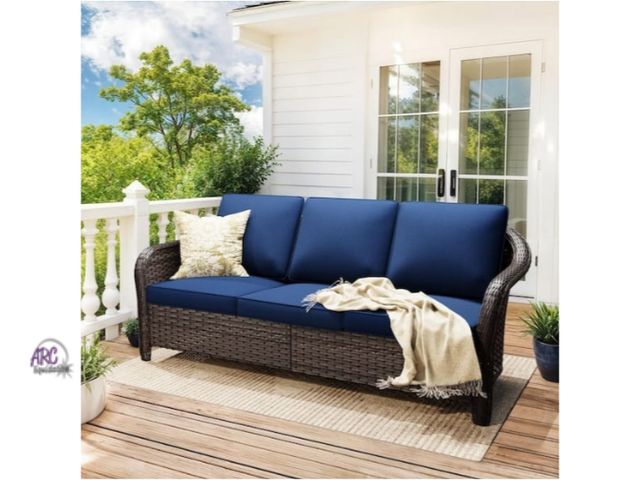 Lot 56-773552 - New in box 3-Seat Brown Wicker Outdoor Couch Patio Sofa with Thick Blue Cushions
