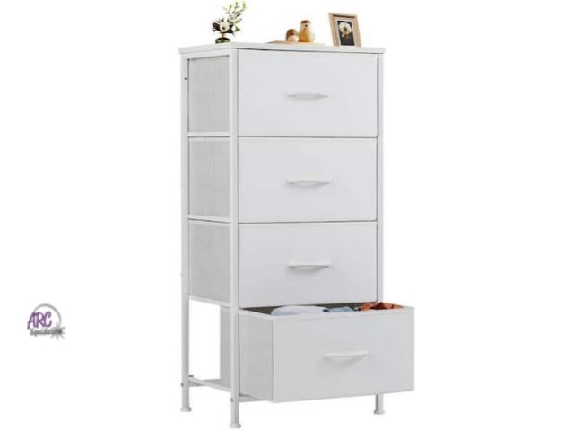 Lot 56-763561 - New in box. Classical White 4 Drawer 11.8 in. Wide Chest of Drawers with Wood Top Fabric Bins for Be...