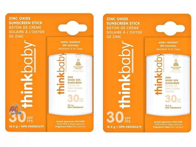 Lot 56-739398 - New 2 pack. thinkbaby Sunscreen Stick, White/Orange, 0.64 Ounce (2 pack). Exp 06/2025