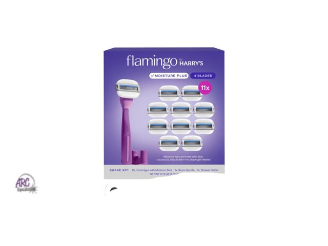 Lot 56-332960 - New - open box Flamingo by Harry's Moisture Plus Razor Set 11 Cartridges + 1 Handle and shower holde...