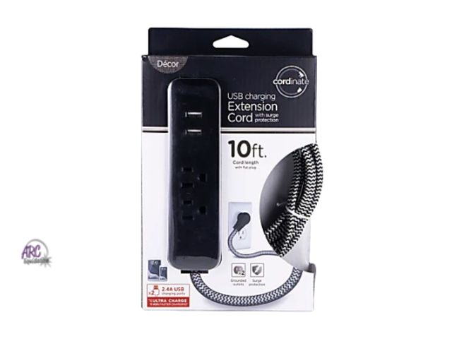 Lot 56-403357 - New - Cordinate 4-Outlet 16-Gauge USB Extension Cord With Surge Protection, 10', Black/White