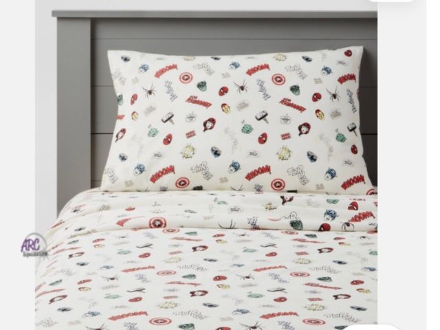 Lot 56-365834 - New,  Pillowfort Twin Size Super Hero Face Kids' Sheet Set - The Marvel Collection