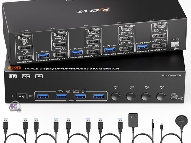 Lot 56-896943 - New - KVM Switch 3 Monitors 4 Computers 8K@60Hz 4K@144Hz, HDMI +2 Displayport Triple Monitor KVM Swi...