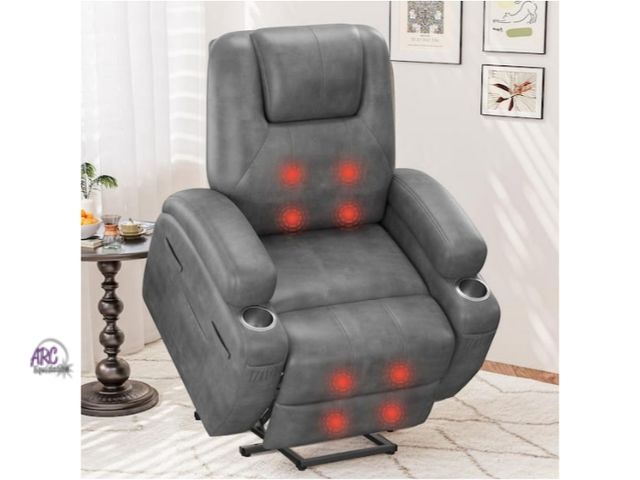 Lot 56-718545 - New in box. Gray Leather Power Lift with massage. Standard Recliner with Power Lift