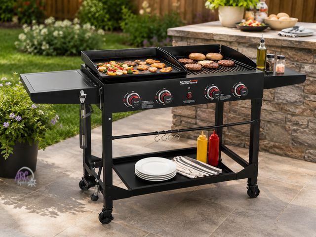 Lot 56-786264 - New in box. Missing grates for grill side. Royal gourmet 4-Burner Portable Flat Top Propane Gas Gril...