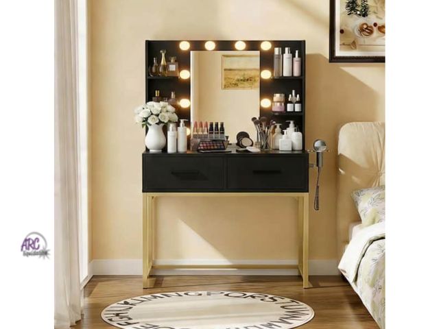 Lot 56-691945 - New - LACOO Modern Black and Gold Makeup Vanity Desk with LED Lighted Mirror, 2 Storage Drawers and ...