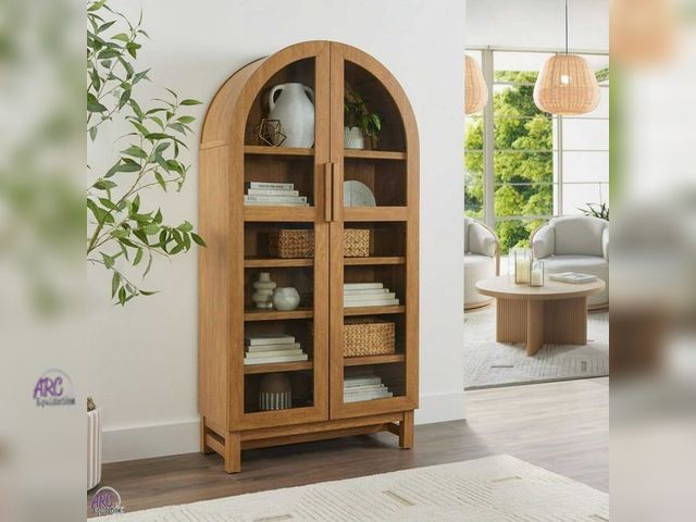 Lot 56-788183 - For parts or repair. Better Homes &amp; Gardens Juliet Arch Cabinet, Light Honey Finish