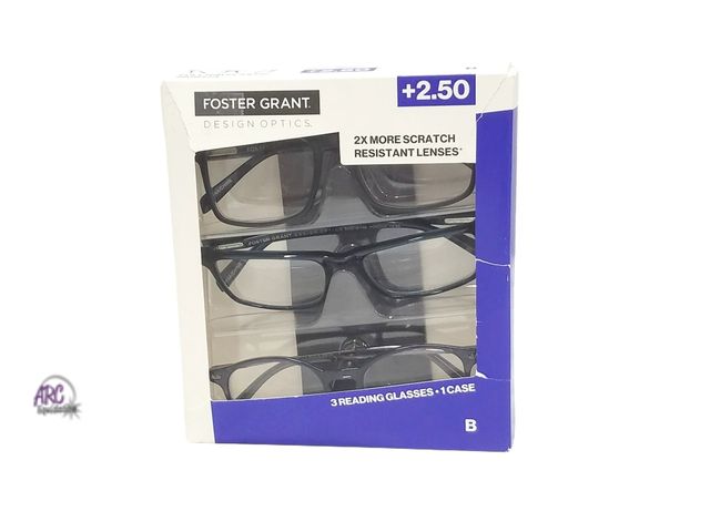 Lot 56-404265 - New in Box -  3 Count  +2.50 Magnification - Design Optics By Foster Grant Classic Reading Glasses