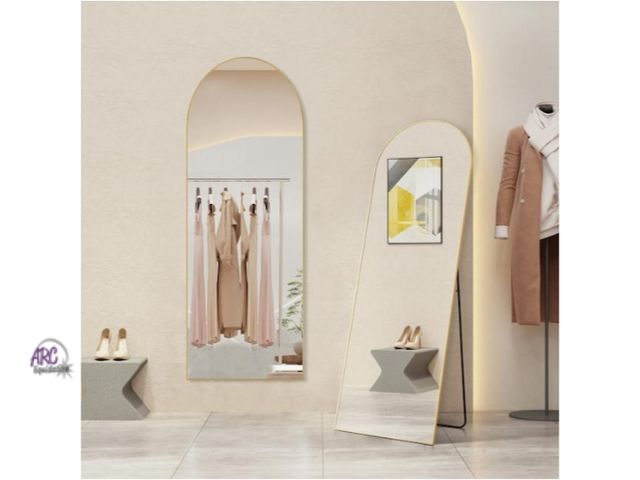 Lot 56-740318 - New 21 in. W x 64 in. H Aluminium Alloy Frame Gold Arched Floor Mirror with Floor Stand and Wall Mou...