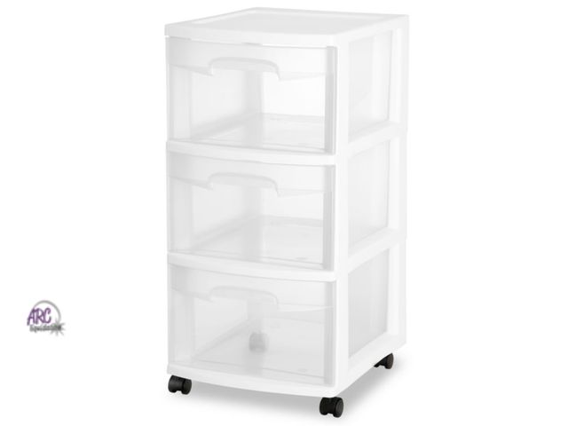 Lot 56-263624 - NEW Sterilite 3 Drawer Cart, Clear Plastic Storage Drawers, Wheels Included, White (some scuffs and ...