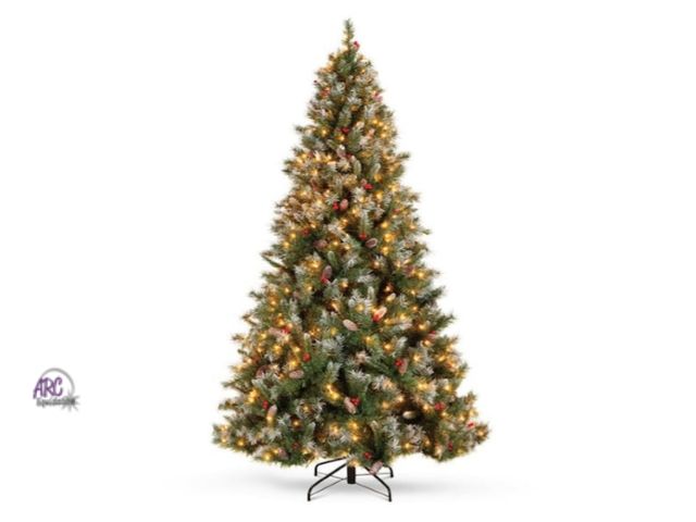 Lot 56-743530 - New LED 7.5 ft. Flocked Pre-Lit Pine Artificial Chrstmas tree. 350 led lights. Warm White/Clear Ligh...