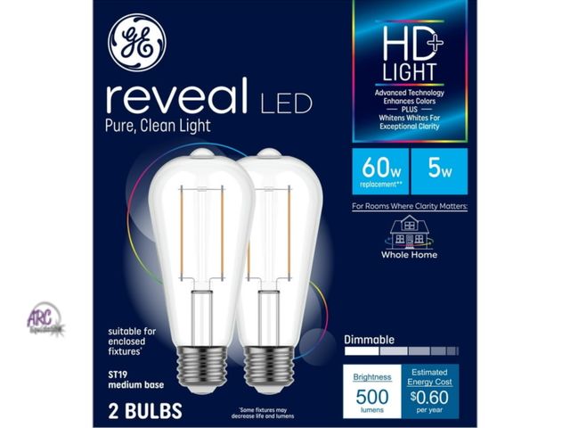 Lot 56-293613 - NEW Lot Of 5 GE Reveal HD+ LED Light Bulbs, 60 Watt, ST19 Edison Bulbs, Medium Base, 2pk