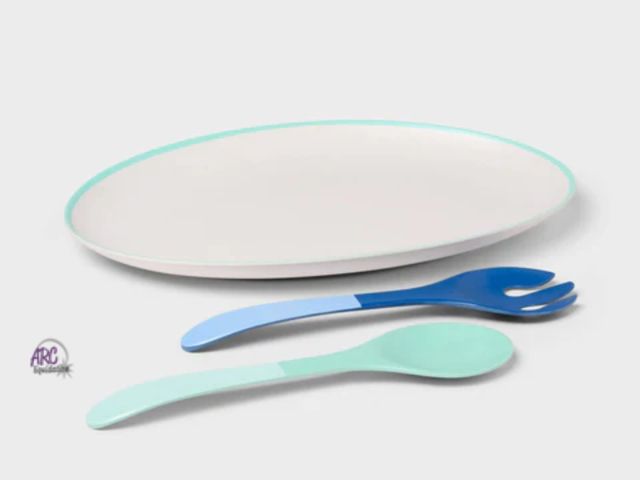 Lot 56-297731 - NEW 18” Sun Squad Bamboo Melamine Serving Platter &amp; Utensil Set
