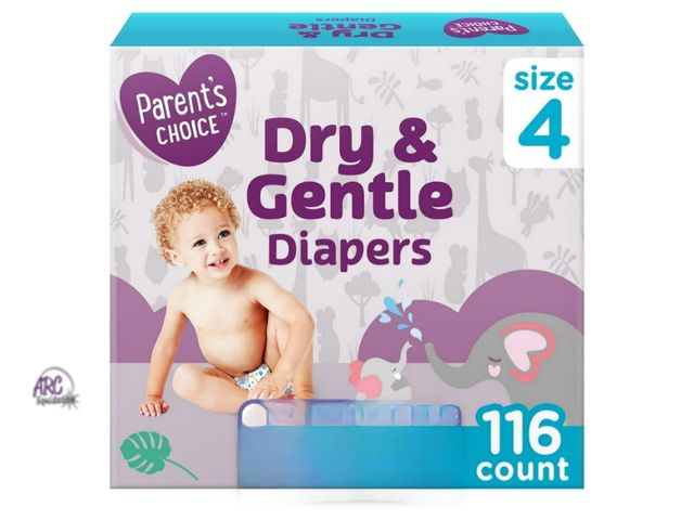 Lot 56-510625 - NEW-MINOR WATER DAMAGE ON TOP OF BOX-Parents Choice Dry &amp; Gentle Diapers Size 4, 116 Count