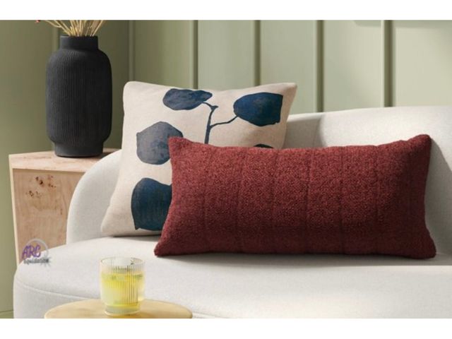 Lot 56-604023 - SET of 2 Oversized channeled boucle lumbar throw pillow burgundy. 14” x 24”.