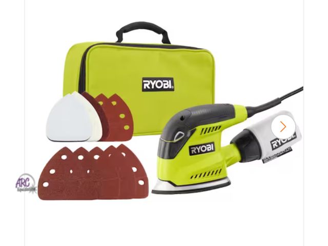 Lot 56-606523 - Used RYOBI 1.2 Amp Corded 5.5 in. Corner Cat Sander with Dust Bag, Sample Sandpaper, and Storage Cas...