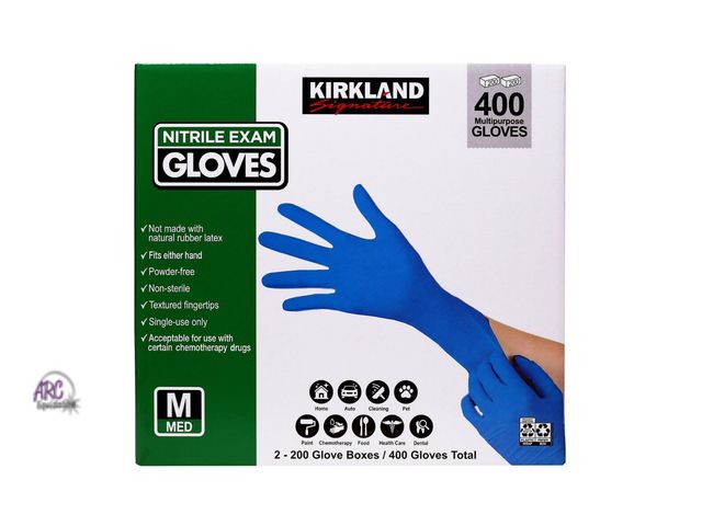 Lot 56-459561 - New in Box - 400 Count - Kirkland Signature DnRbYi Nitrile Exam Multi-Purpose Medium Gloves Latex-Fr...