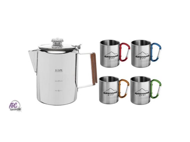 Lot 56-795714 - New / possible use. Alpine Mountain Gear 5-piece Stainless Steel Coffee Set