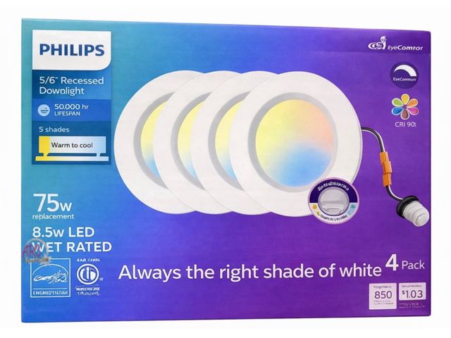 Lot 56-646365 - New Opened Box - Lot of 2 Philips 5/6" LED Recessed 4-Pack - Adjustable White
(2700K-5000K), 75W Rep...