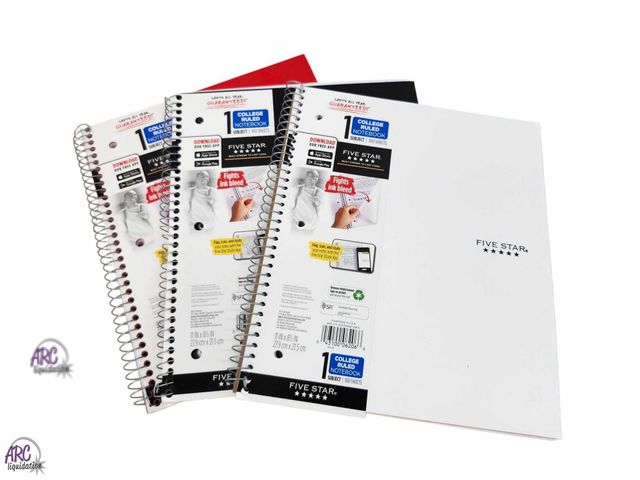 Lot 56-817896 - New - Lot of 3 - One Subject Five Star College Ruled Notebooks - x1 Black, x1 White, x1Red