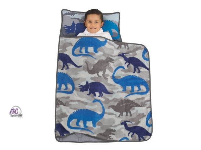 Lot 56-261524 - NEW Everything Kids Blue Dinosaurs Toddler Nap Mat With pillow, quilted nap mat, and blanket all in ...