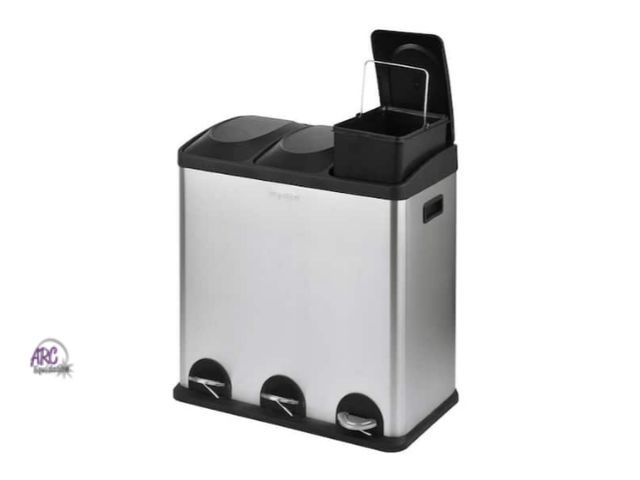 Lot 56-762651 - New in box. 16 gal. 3 Compartment Stainless Steel Trash and Recycling Bin