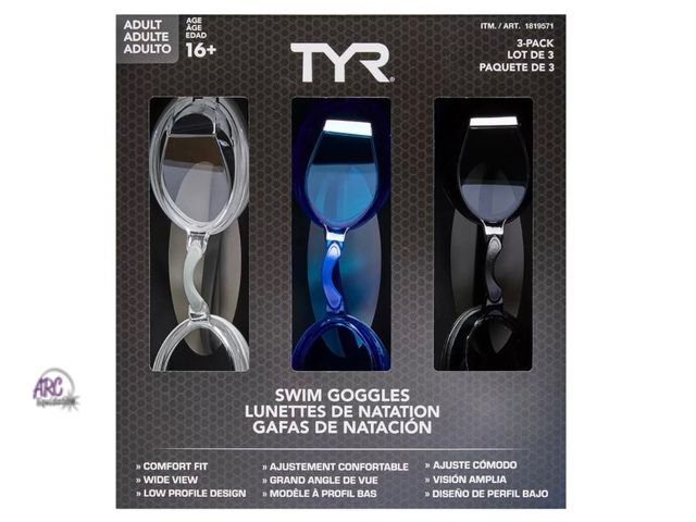 Lot 56-126560 - New TYR Adult Swim Goggle 3-pack Ages 16+ (Clear/Black/Blue)