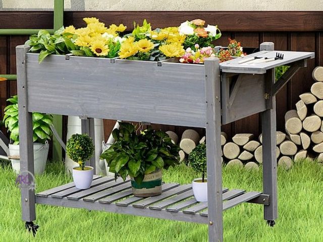 Lot 56-754760 - New in box. 49" x 21" x 34" Raised Garden Bed w/8 Grow Grids, Outdoor Wood Plant Box Stand w/Folding...