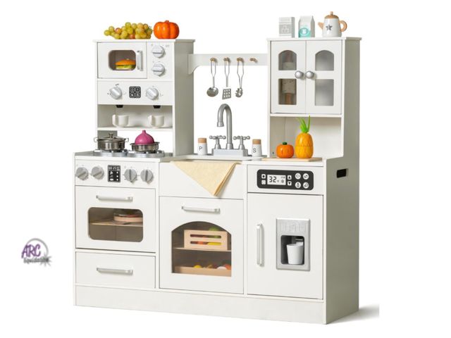 Lot 56-663140 - New - Leeshyah Wooden Play Kitchen Set - Realistic Pretend Play Kitchen with Stove, Sink, Coffee Mak...
