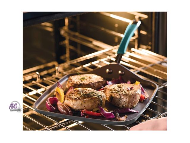 Lot 56-188418 - New Rachael Ray Cucina Hard Anodized Nonstick Griddle Pan/Flat Grill, 11 Inch, Gray with Agave Blue ...