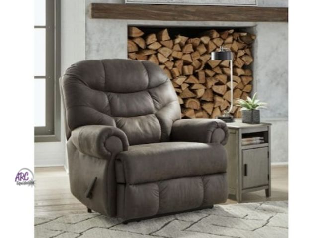 Lot 56-703743 - New in box. Signature design by Ashley Camera Time Gray Faux Leather Standard Recliner with Highback...