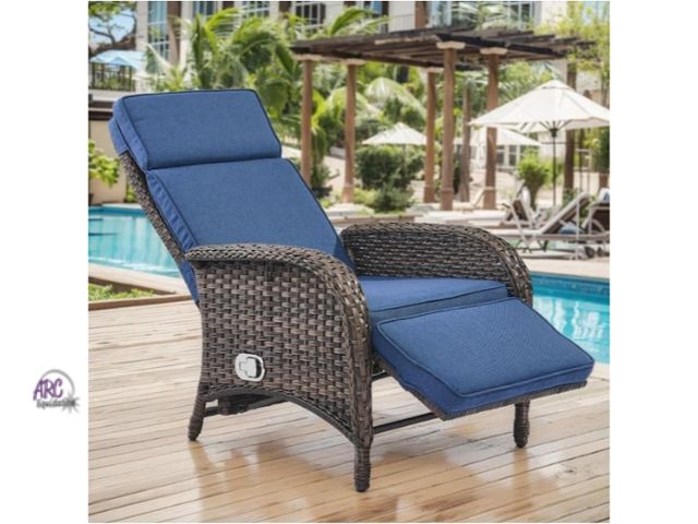 Lot 56-755360 - New in box.  Wicker Outdoor Recliner with Olefin Blue Cushions and Flat Armrests Patio Chaise Lounge...