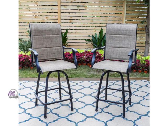 Lot 56-610861 - New Opened Box - Padded Swivel Metal Outdoor Bar Stool with Arms (2-Pack). Bar stools can support up...