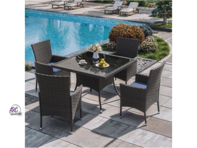 Lot 56-763261 - New in box. Brown 5-Piece Wicker Outdoor Dining Set with Glass Tabletop, Umbrella Hole and NavyBlue ...