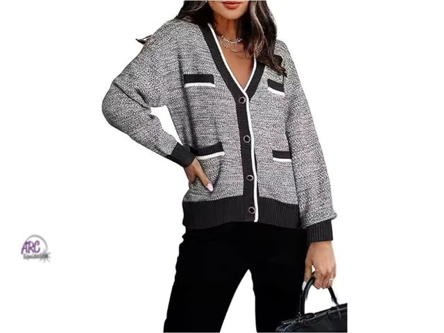 Lot 56-789123 - New XL Women's Color Block Button Down Sweater Cardigans V-Neck Ribbed Knit Coatigan Coat