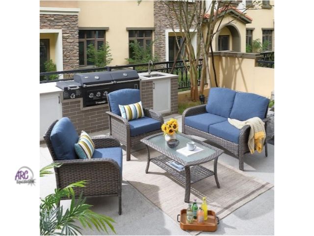 Lot 56-772652 - New in box. Denali Gray 4-Piece 4-Seat Wicker Modern Outdoor Patio Conversation Sofa Seating Set wit...