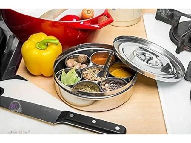 Lot 56-784923 - New Stainless Steel Round Spices Box Kitchen Masala Dabba 7 Compartments, 7.3 Inch