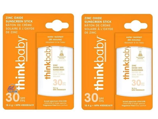 Lot 56-739298 - New 2 pack. thinkbaby Sunscreen Stick, White/Orange, 0.64 Ounce (2 pack). Exp 06/2025