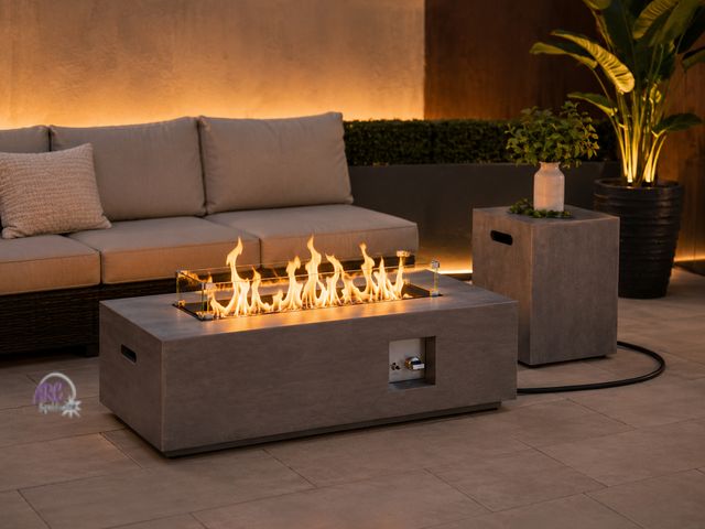 Lot 56-791965 - New in box. 50000 BTU Coating Steel Propane Fire Pit Table in Gray Rectangular Modern Outdoor Gas Fi...