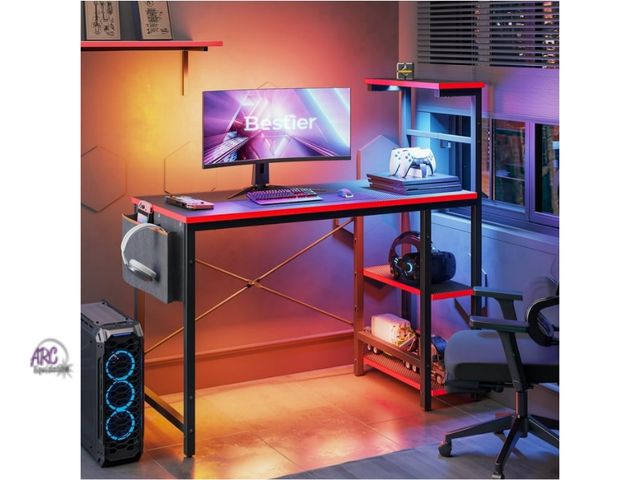 Lot 56-781038 - New in box. Bestier Computer Gaming PC Desk 44 inch Gamer Table with LED Lights, Reversible 4 Tier S...