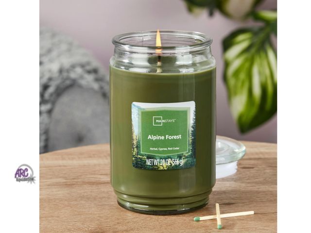 Lot 56-393330 - New Mainstays Single-Wick Scented Glass Jar Candle, Alpine Forest, 20oz.