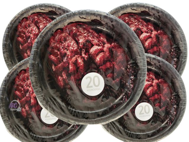 Lot 56-894123 - New - Lot of 5 packs 100 Plates Total - Halloween Paper Plates with Bloody Brain Image - 10in Dinner...