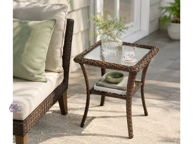 Lot 56-612261 - New Opened Box - Pocassy Brown Square Wicker Outdoor Glass Side Table
