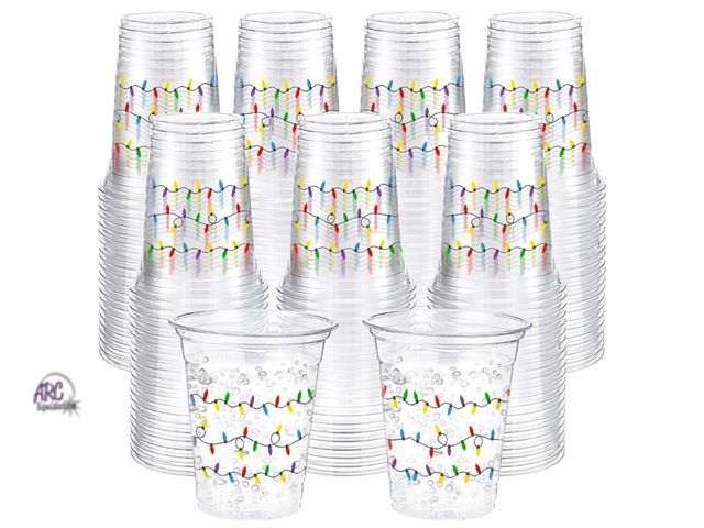 Lot 56-884440 - New - 86pc Disposable Cups 16 oz Clear Plastic Drinking Cups with Holiday Lights