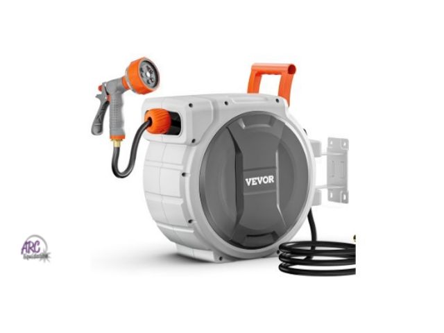 Lot 56-504724 - NEW-VEVOR Retractable Garden Hose Reel, 5/8 Inch x 100 ft Wall Mounted Hose Reel, Heavy Duty Garden ...