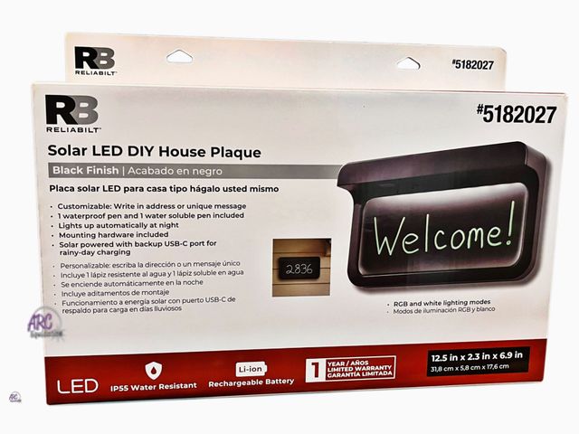 Lot 56-490765 - New in Box - Tested &amp; Works - RELIABILT Rechargeable DIY Solar LED Housing Plaque Set 6-9/10-in ...