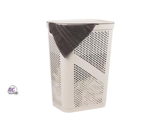 Lot 56-218317 - NEW Ivory 23.5 in. H x 13.75 in. W x 17.25 in. L Plastic 60L Modern Rectangle Laundry Room Hamper wi...