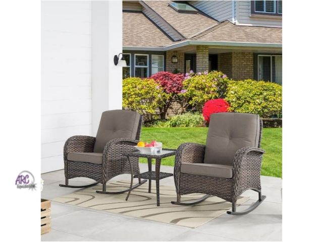 Lot 56-753360 - New in box. 3-Piece Brown Wicker Patio Conversation Set with Gray Cushions and Coffee Table Flat Han...