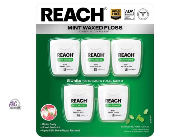 Lot 56-406265 - New Package - Reach Mint Waxed Dental Floss, 5 Pack, 500 Yards Total